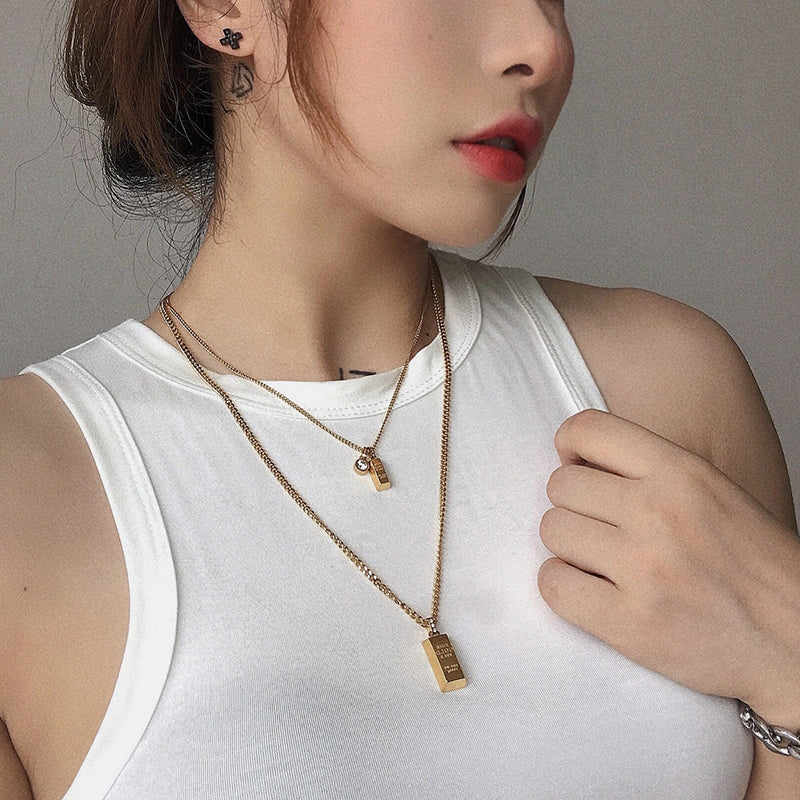 14K Gold Replica Gold Block Pendant Necklace