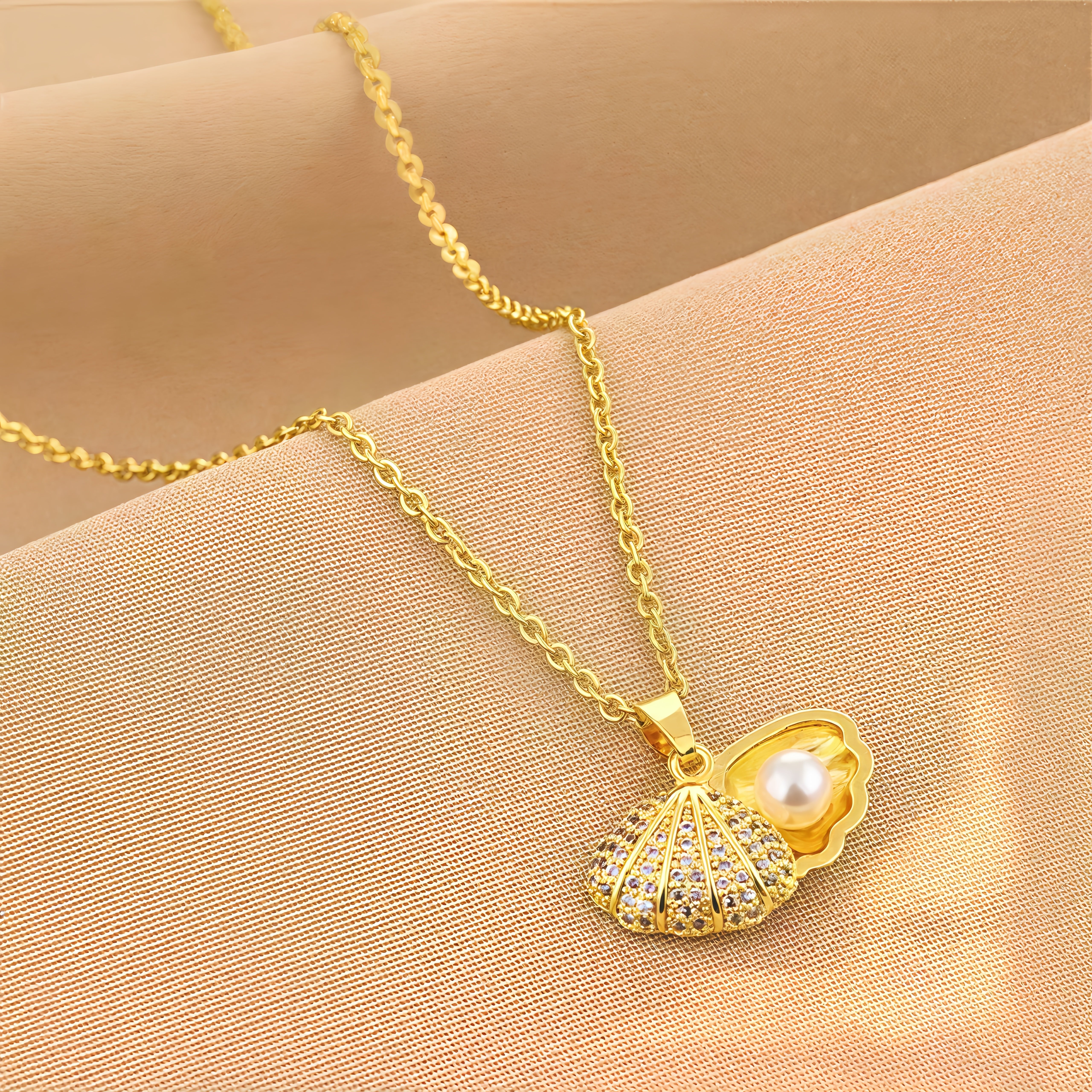 14K Gold Shell Pearl Necklace with Crystal Zircon
