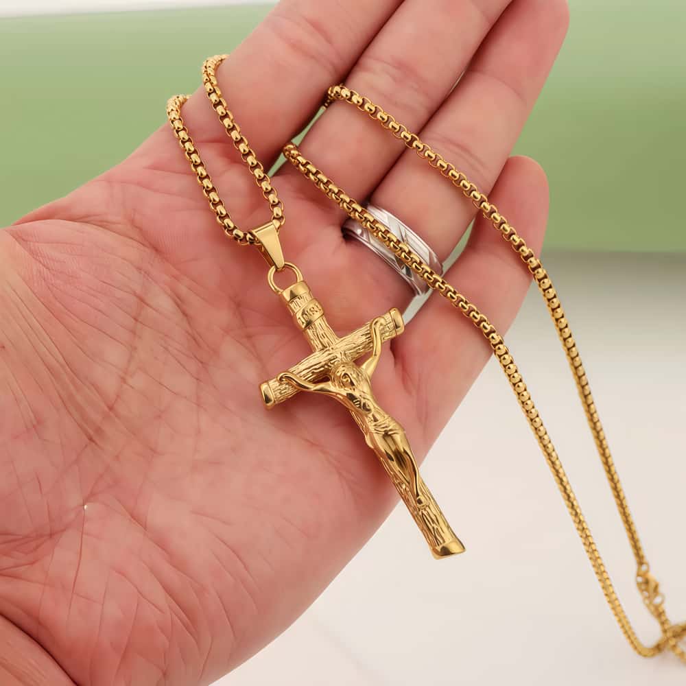 14K Gold Sacred Lamb Crucifix Necklace