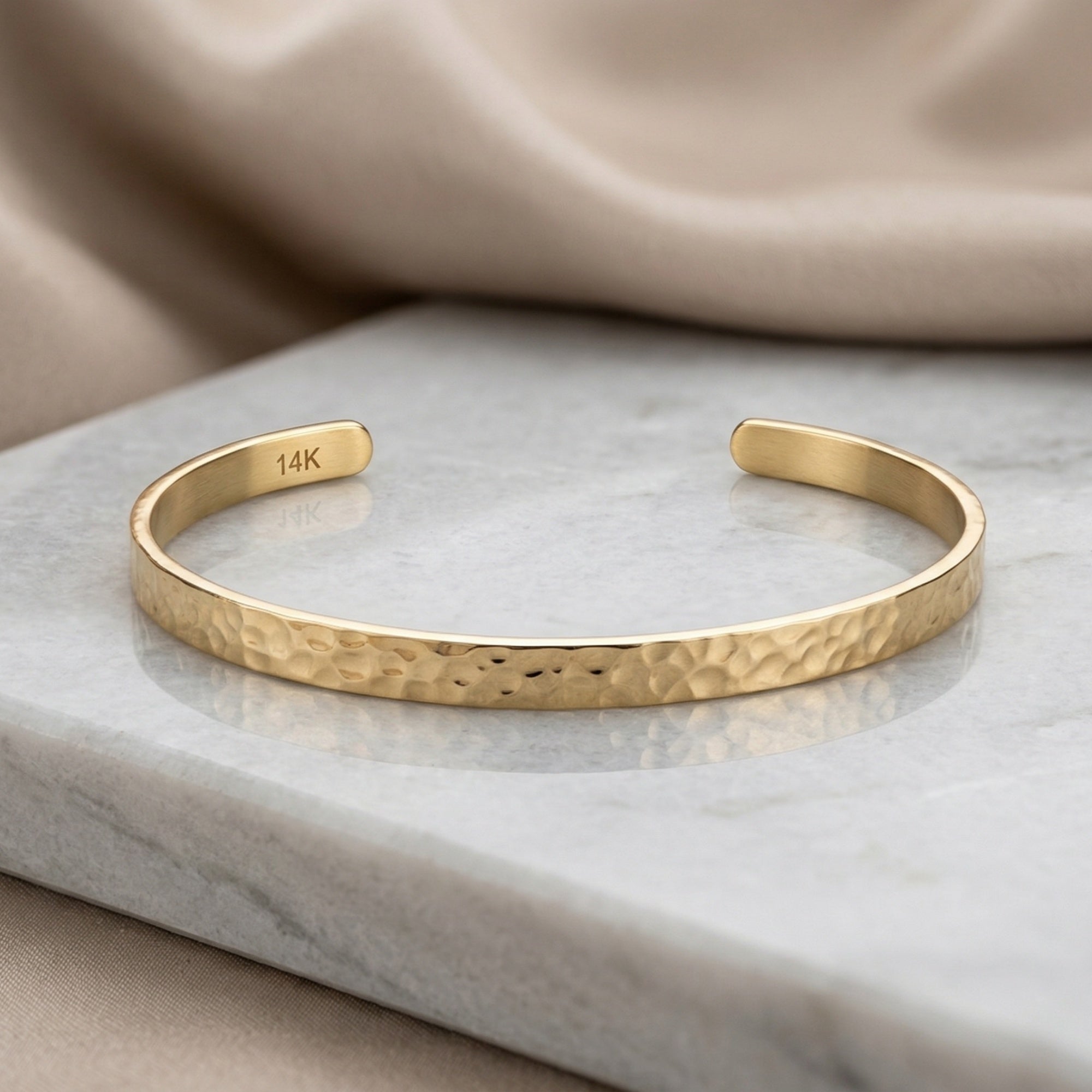 14K Gold Hammered Open Cuff Bracelet